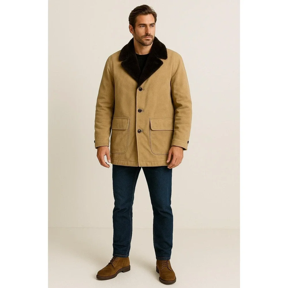 Vintage Sears The Mens Store Corduroy Long‎ Jacket Mens 42R Tan Faux Fur Collar